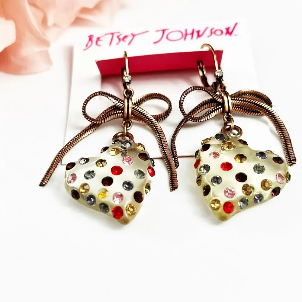 NEW Betsey Johnson Clear Lucite Heart with Crystal Drop Earrings